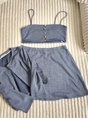 Reformation Blue Checked Three-Piece Set with Buttoned Crop Top